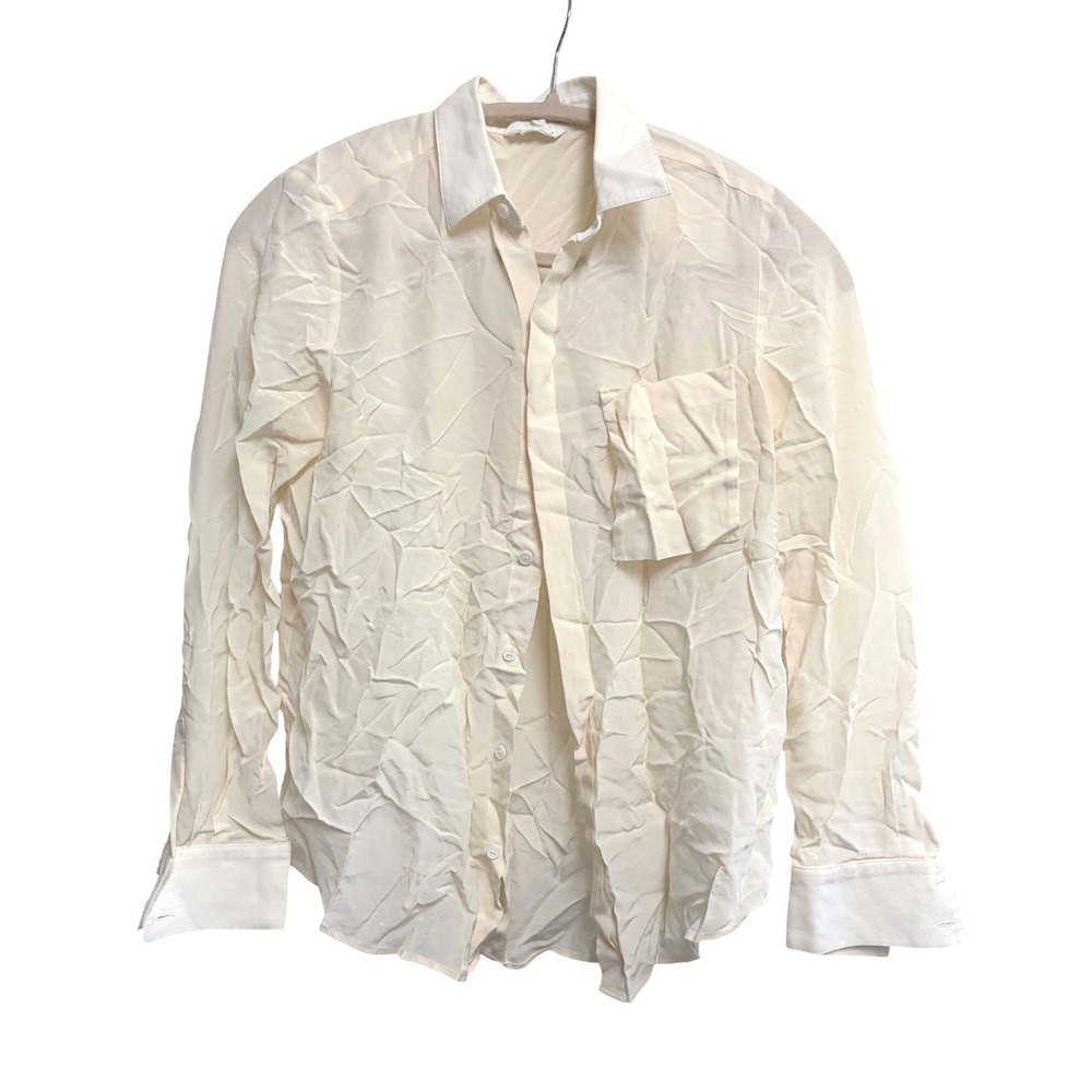 Club Monaco Button Up Shirt Cream Silk Cotton Contrast Collar XS